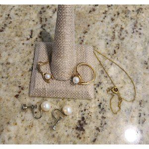Lind 14kt Gold Plated Faux Pearl Ring Size 6. Wishbone Pearl Necklace. Earrings